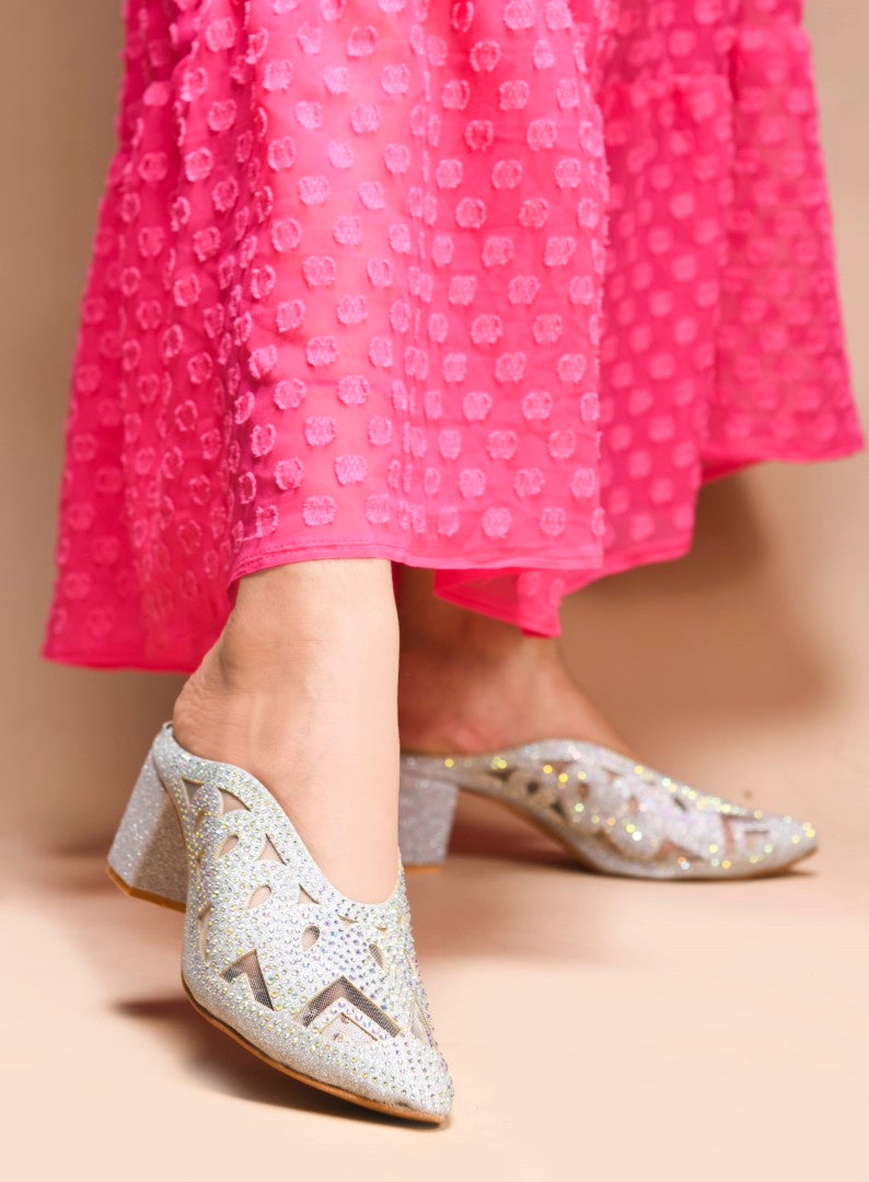 Embellished ethnic mules with block heel by Jm Looks for women and girls Silver