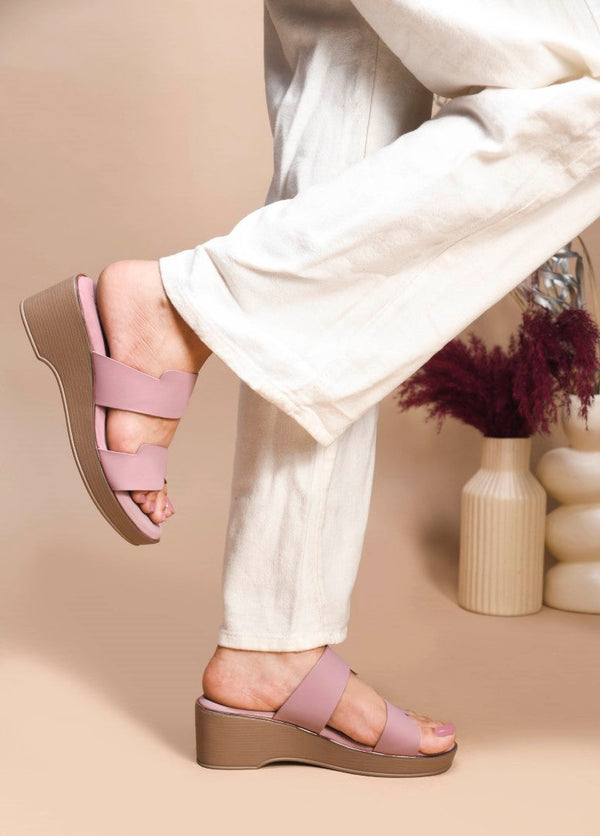 Peach block wedge heels for women featuring dual wide straps, comfortable platform sole, slip-on style.