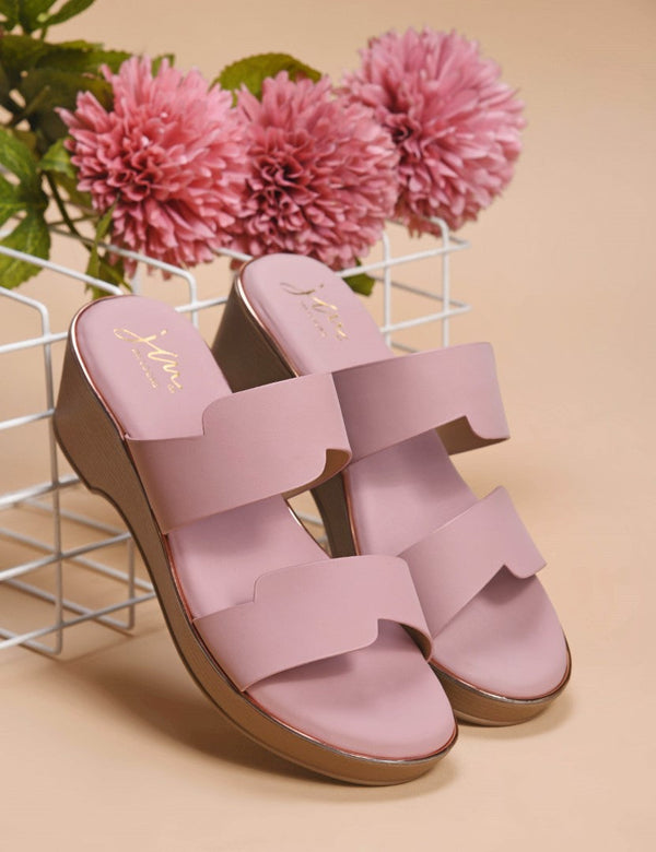 Peach block wedge heels for women featuring dual wide straps, comfortable platform sole, slip-on style.