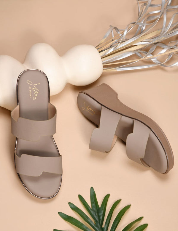 Beige block wedge heels for women featuring dual wide straps, comfortable platform sole, slip-on style.