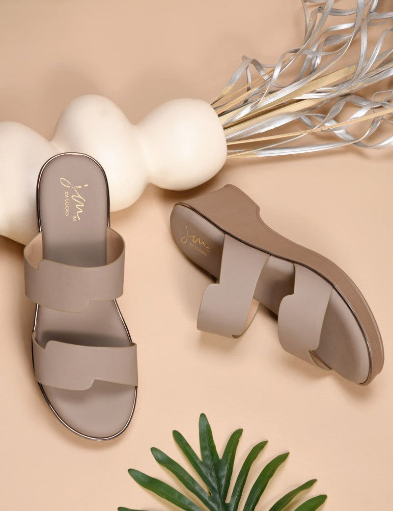 Beige block wedge heels for women featuring dual wide straps, comfortable platform sole, slip-on style.