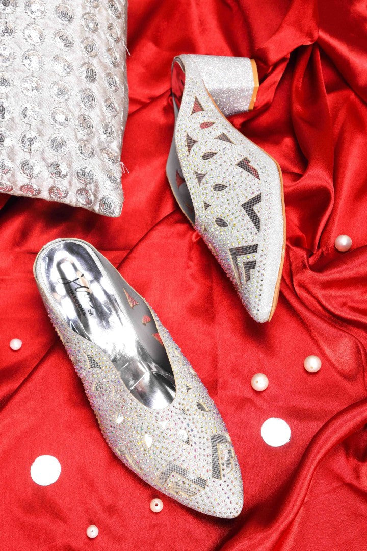 Embellished ethnic mules with block heel by Jm Looks for women and girls Silver