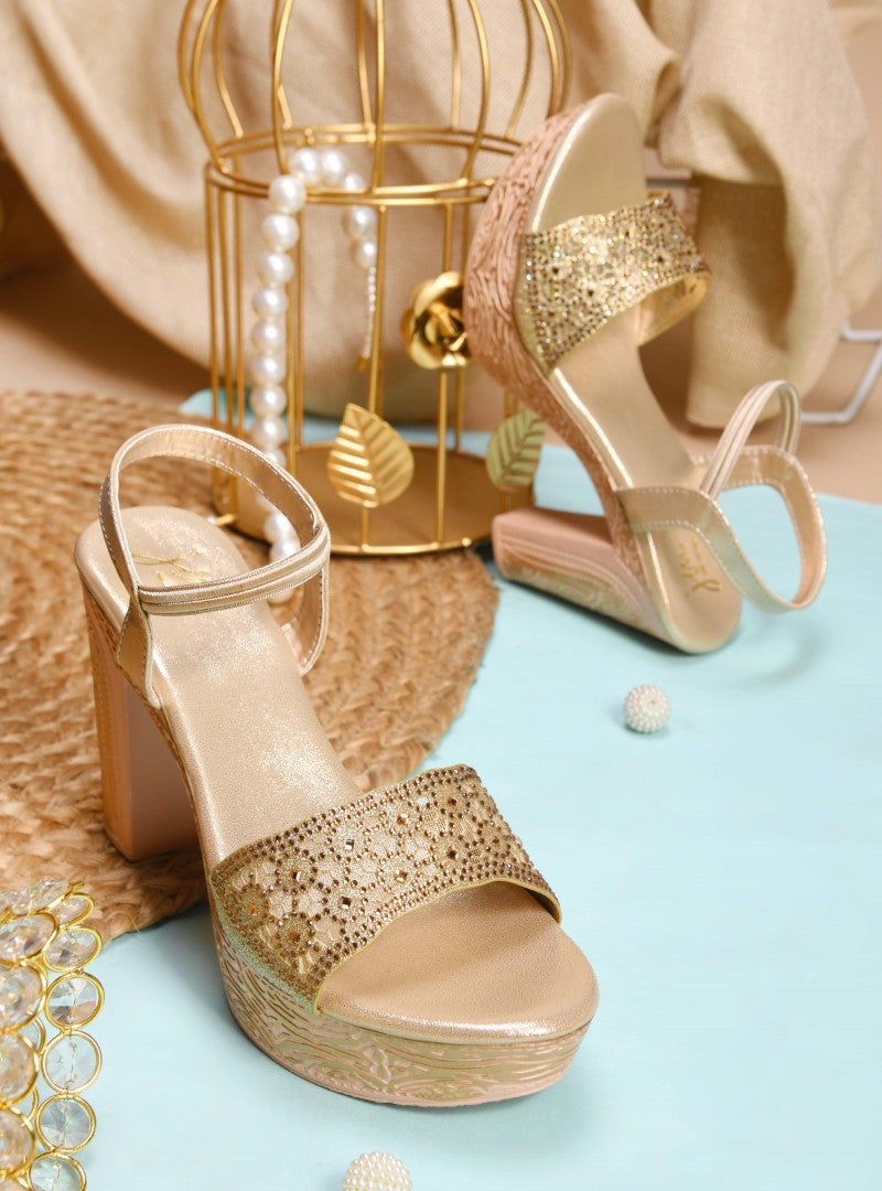 JM Looks Golden Ethnic Wedge Sandals | Embroidered Festive Footwear Golden