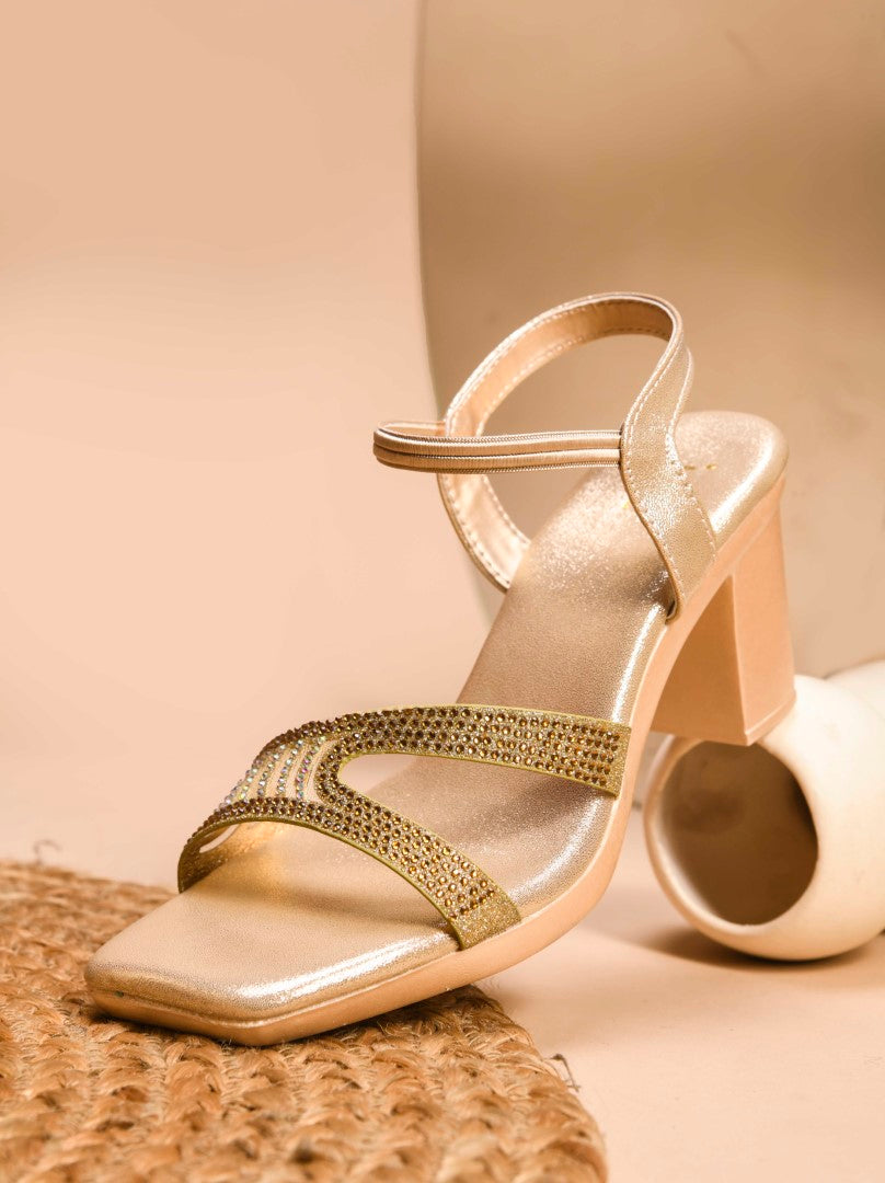 Jm Looks block heels with embellished criss-cross straps and an ankle strap
 Golden