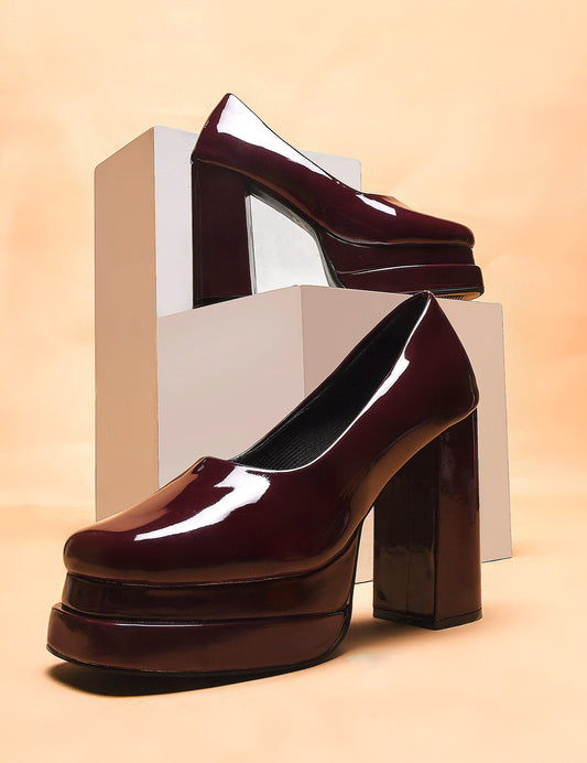 Women Chunky Block Heel Platform Pump Heels Cherry
