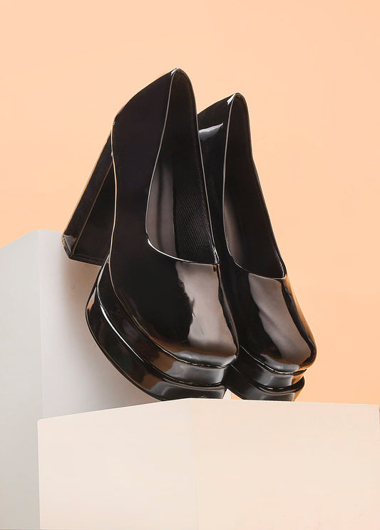 Women Chunky Block Heel Platform Pump Heels Black