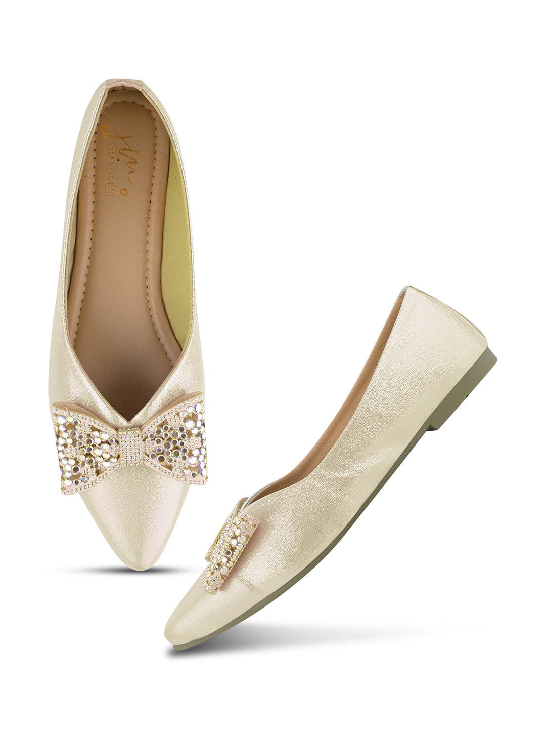 JM LOOKS Pointed Toe Bow Flat Sandals with Crystal Embellishments