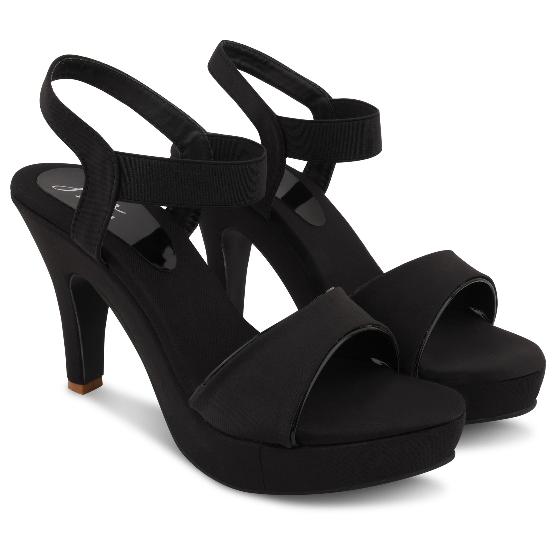 women's platform stiletto heel sandals with a wide strap across the toes and an ankle strap
 Black
