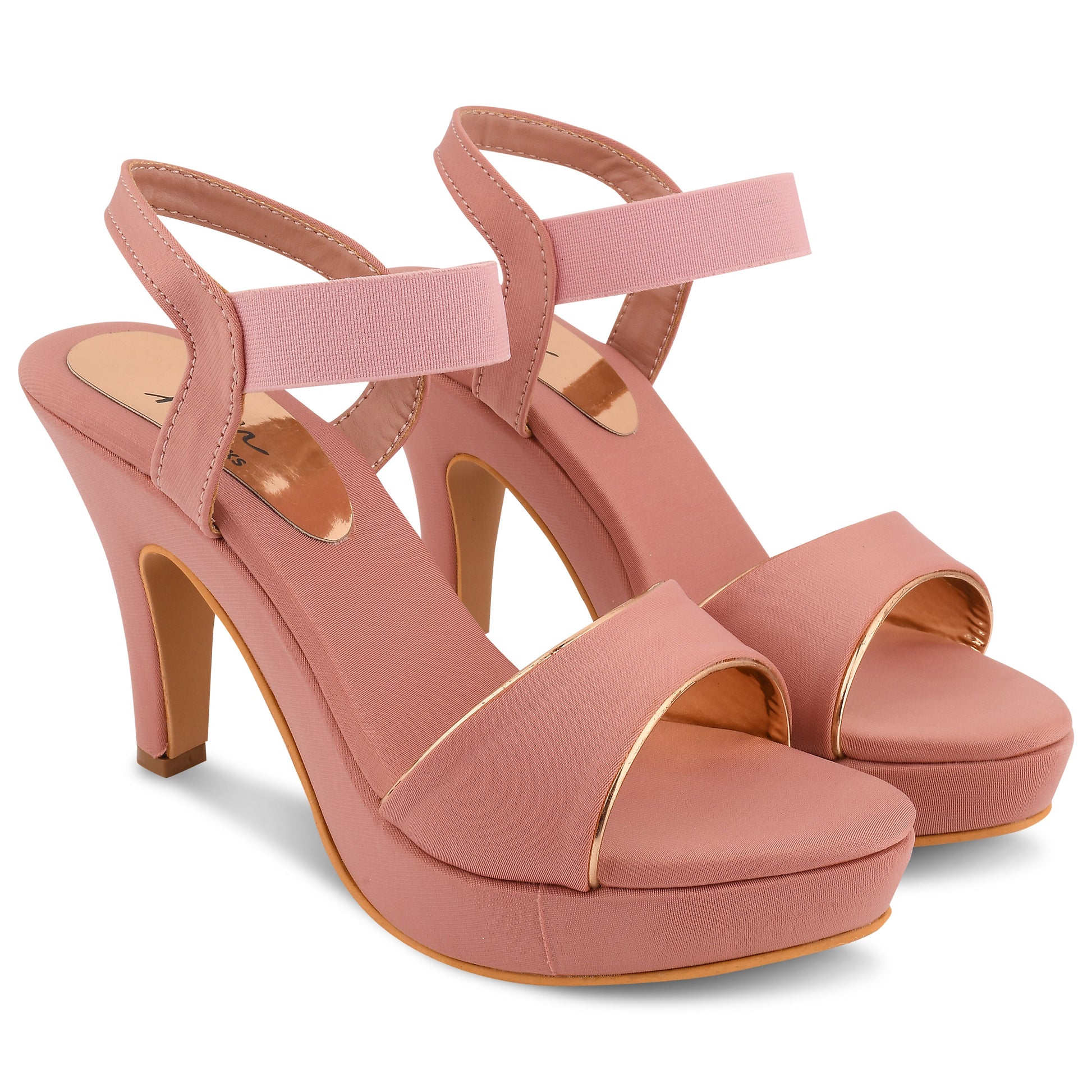 women's platform stiletto heel sandals with a wide strap across the toes and an ankle strap
 Peach