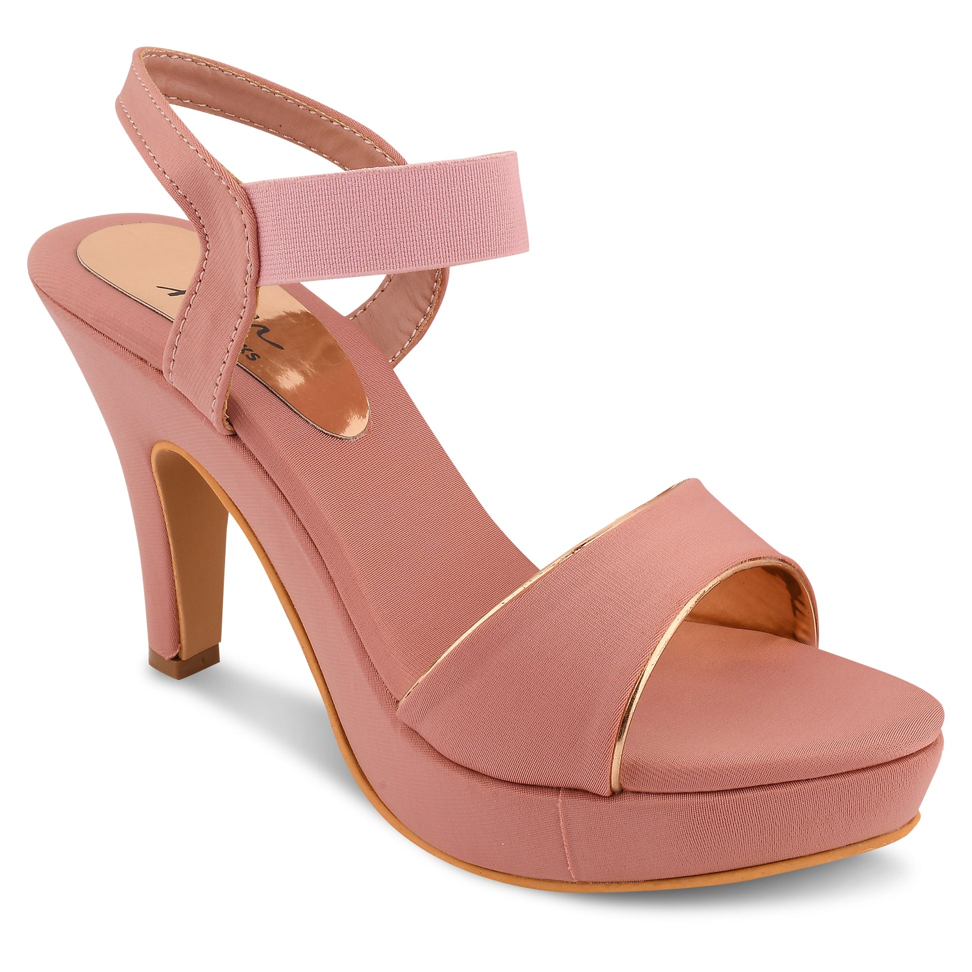women's platform stiletto heel sandals with a wide strap across the toes and an ankle strap
 Peach