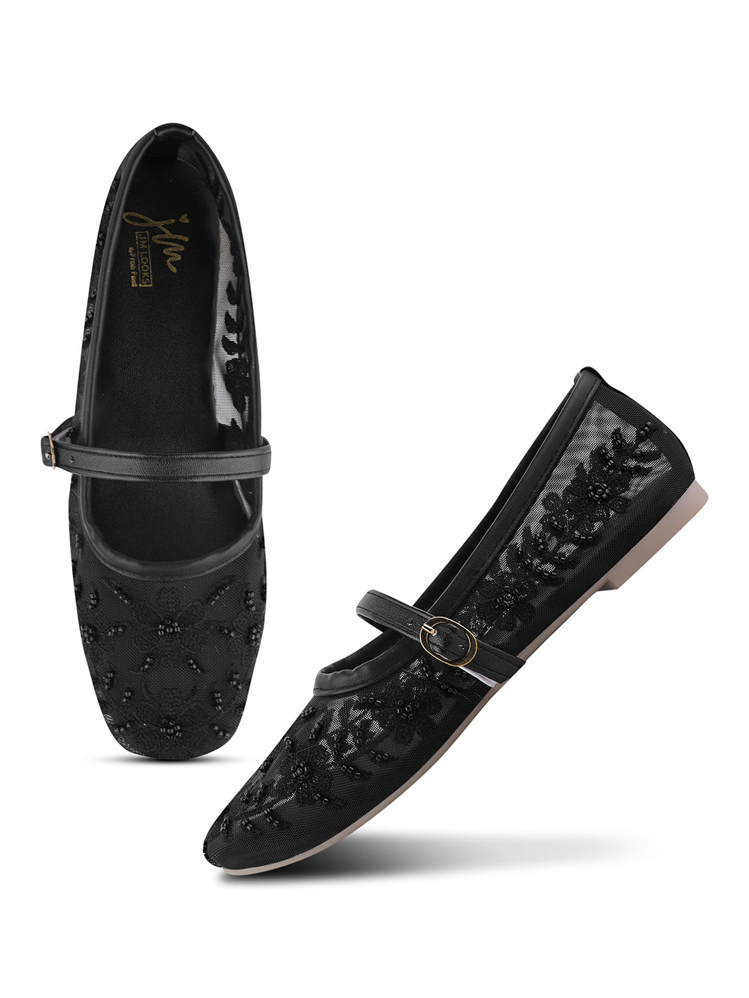 Floral Embroidered Sheer Mesh Mary Jane Flat Juttis