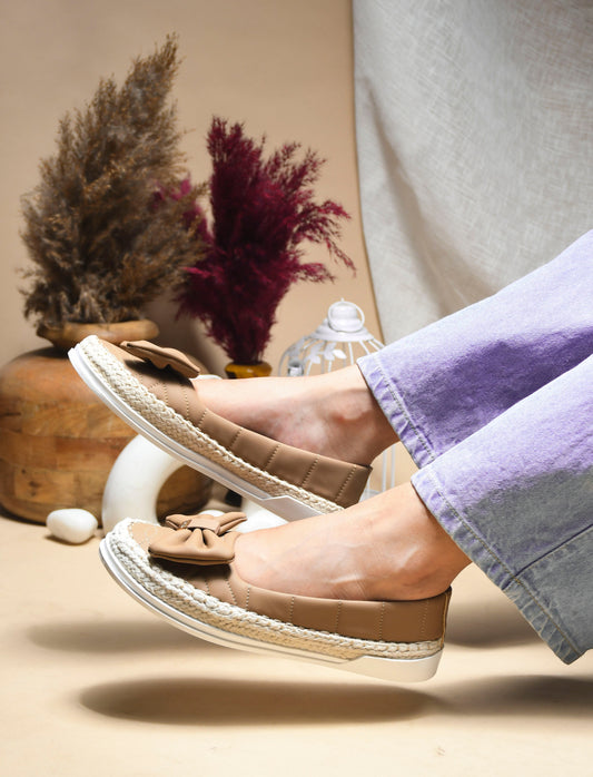 JM Looks espadrille loafers featuring a prominent bow and woven sole detail
 Toupe
