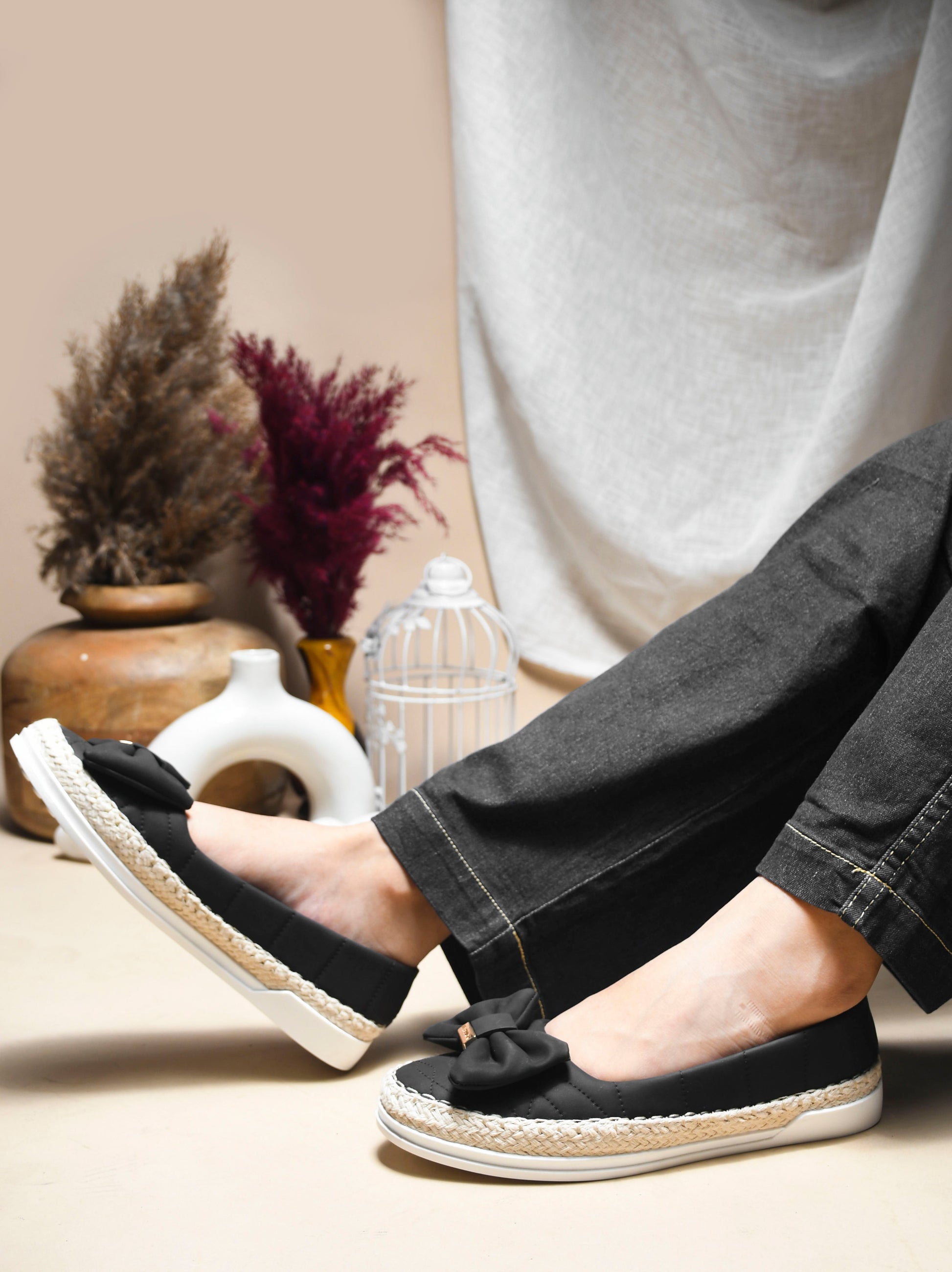 JM Looks espadrille loafers featuring a prominent bow and woven sole detail
 Wood Rose