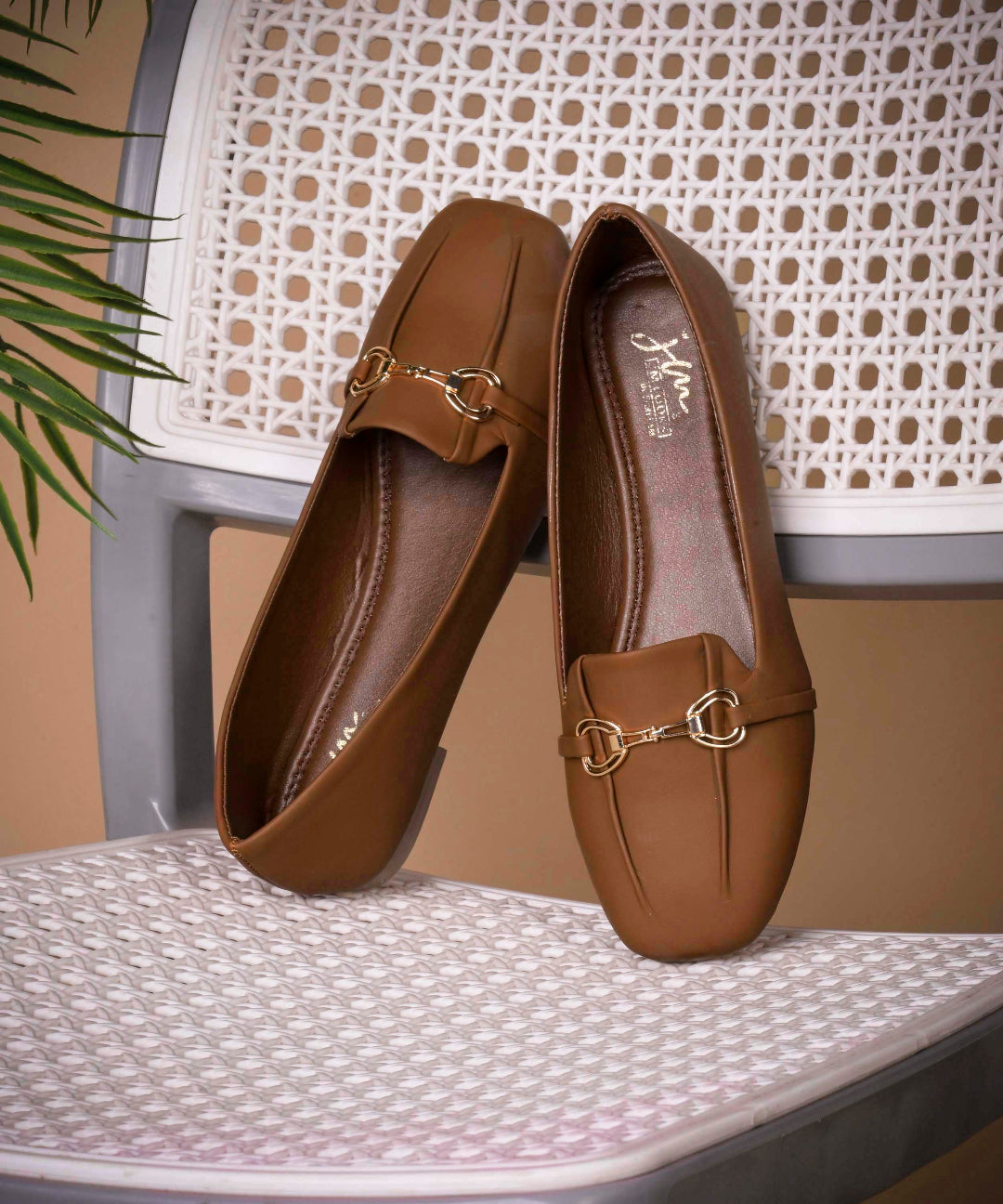 Tan Women Square Toe Ballet Flats with Metallic Horsebit