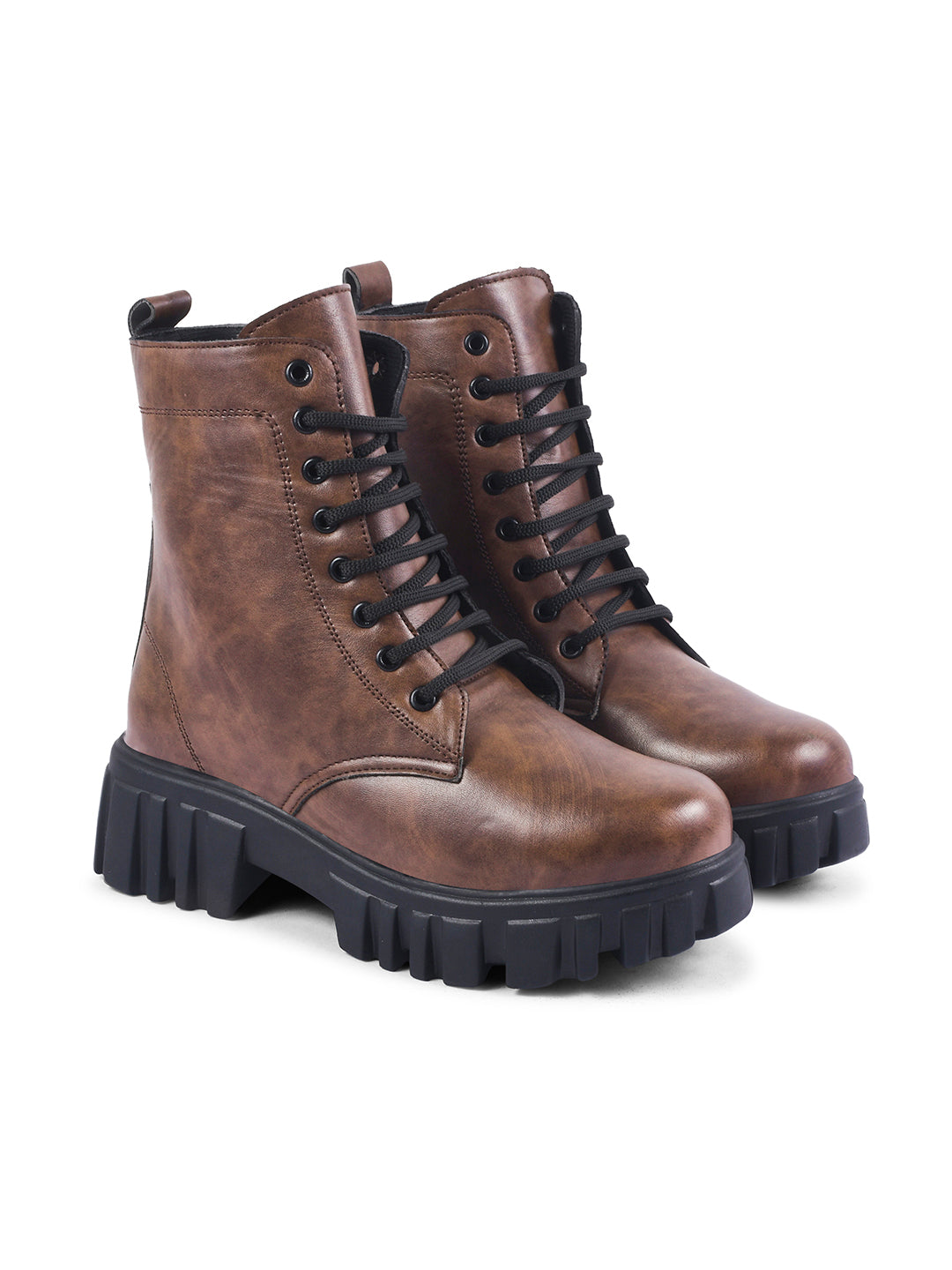 Jm Looks black lace-up combat boots with a heavy-duty lug sole
 Brown