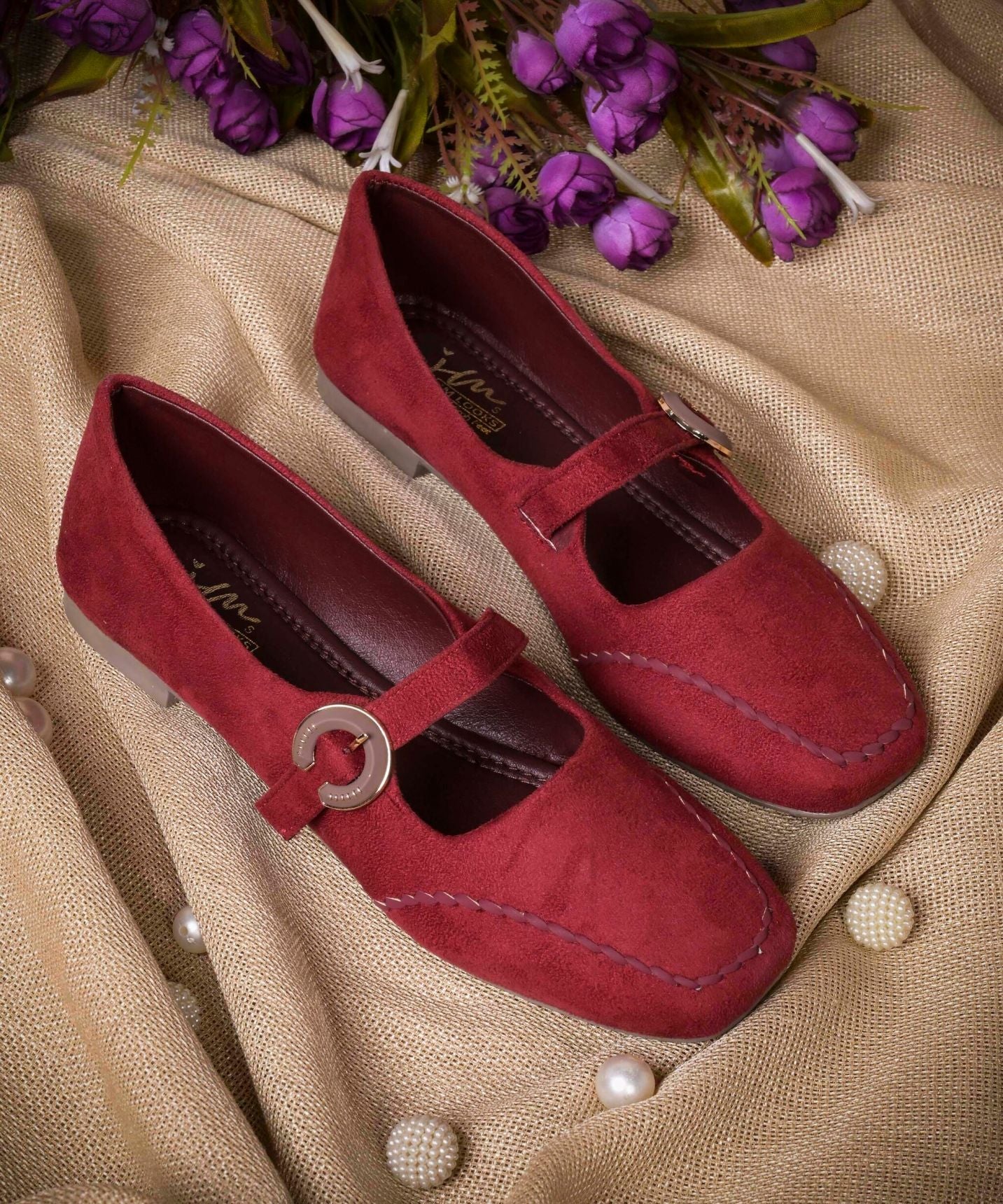 Cherry suede Mary Jane flats for women with gold buckle strap, square toe, and cushioned insole
