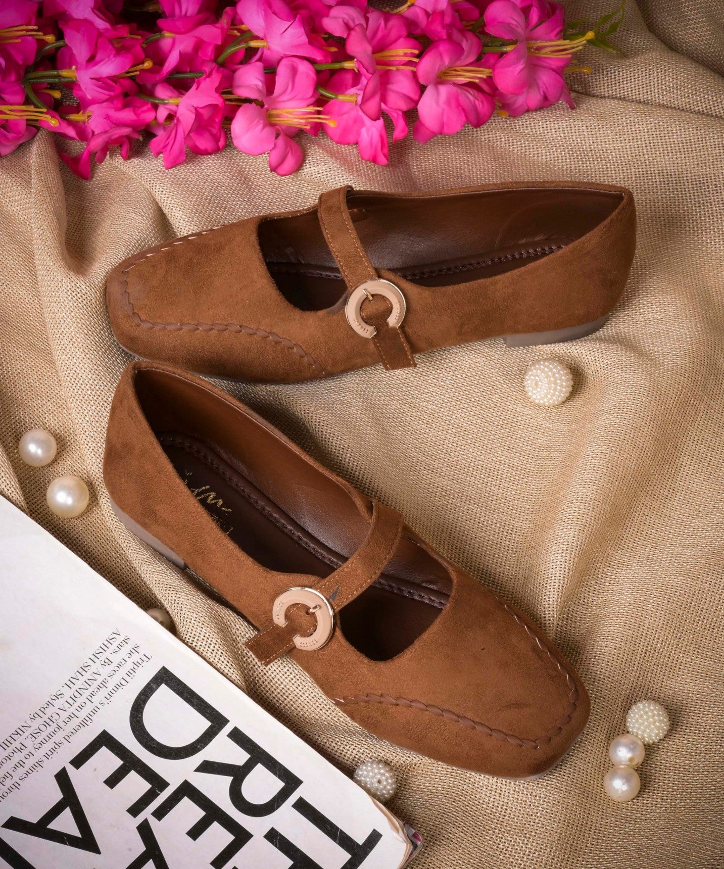 Tan suede Mary Jane flats for women with gold buckle strap, square toe, and cushioned insole