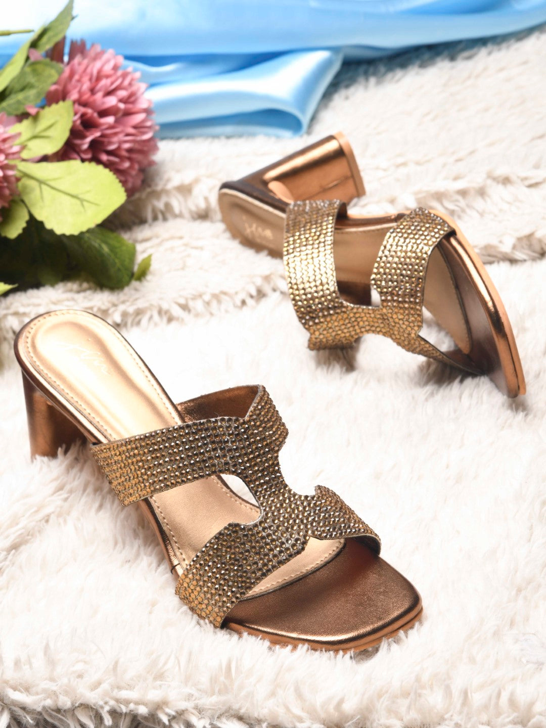 Jm Looks open-toe block heels with sparkling, embellished straps
 Copper