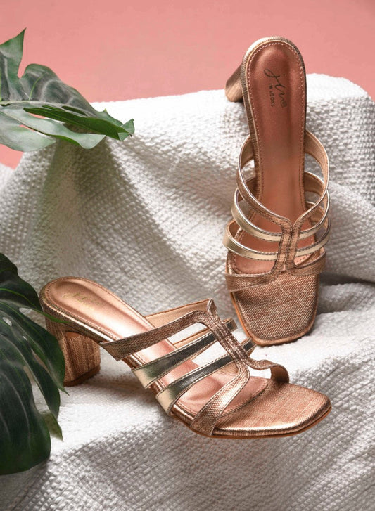 Jm Looks open-toe mules with multiple straps and a textured block heel
 Golden