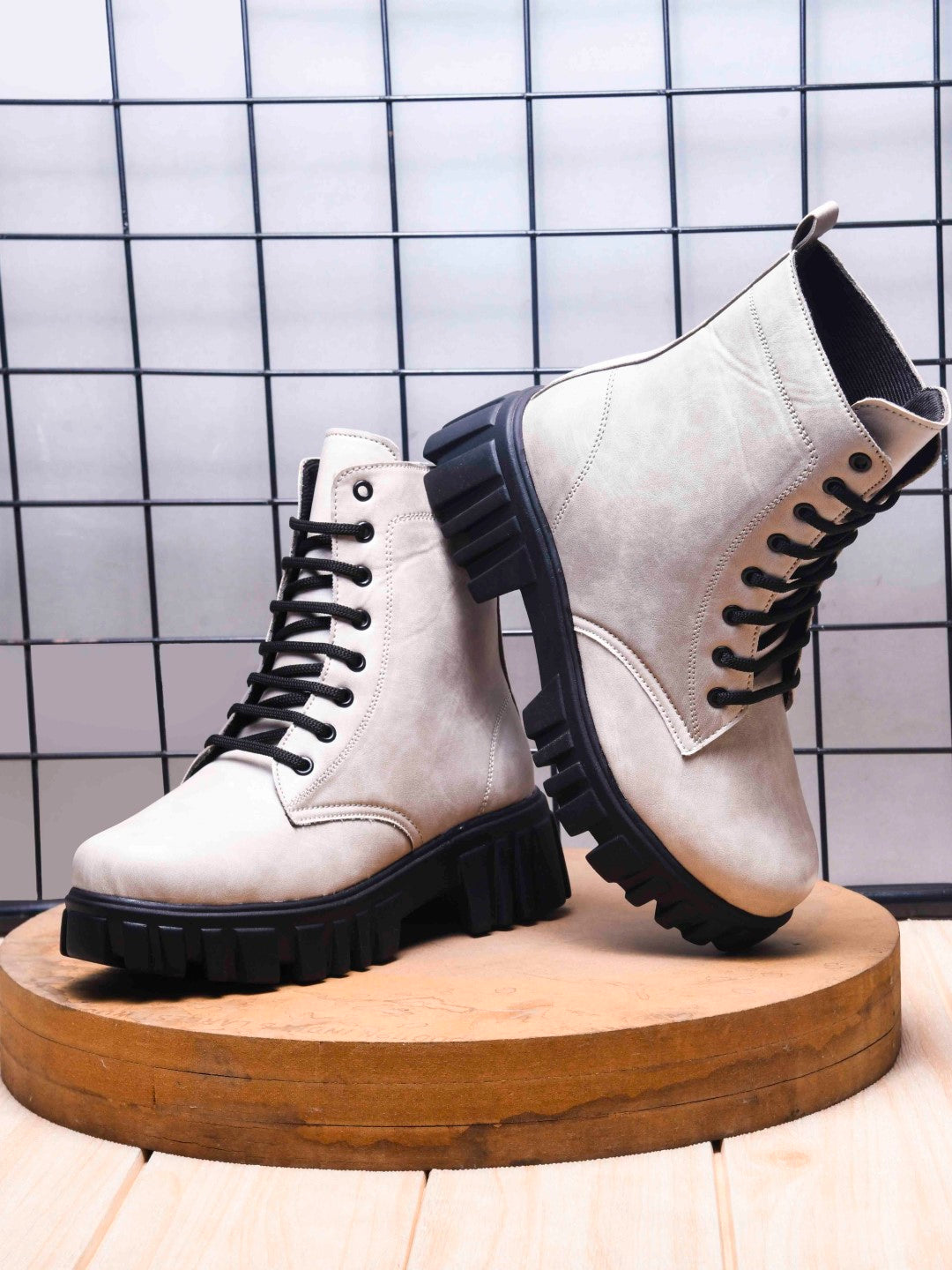 Jm Looks black lace-up combat boots with a heavy-duty lug sole
 Cream