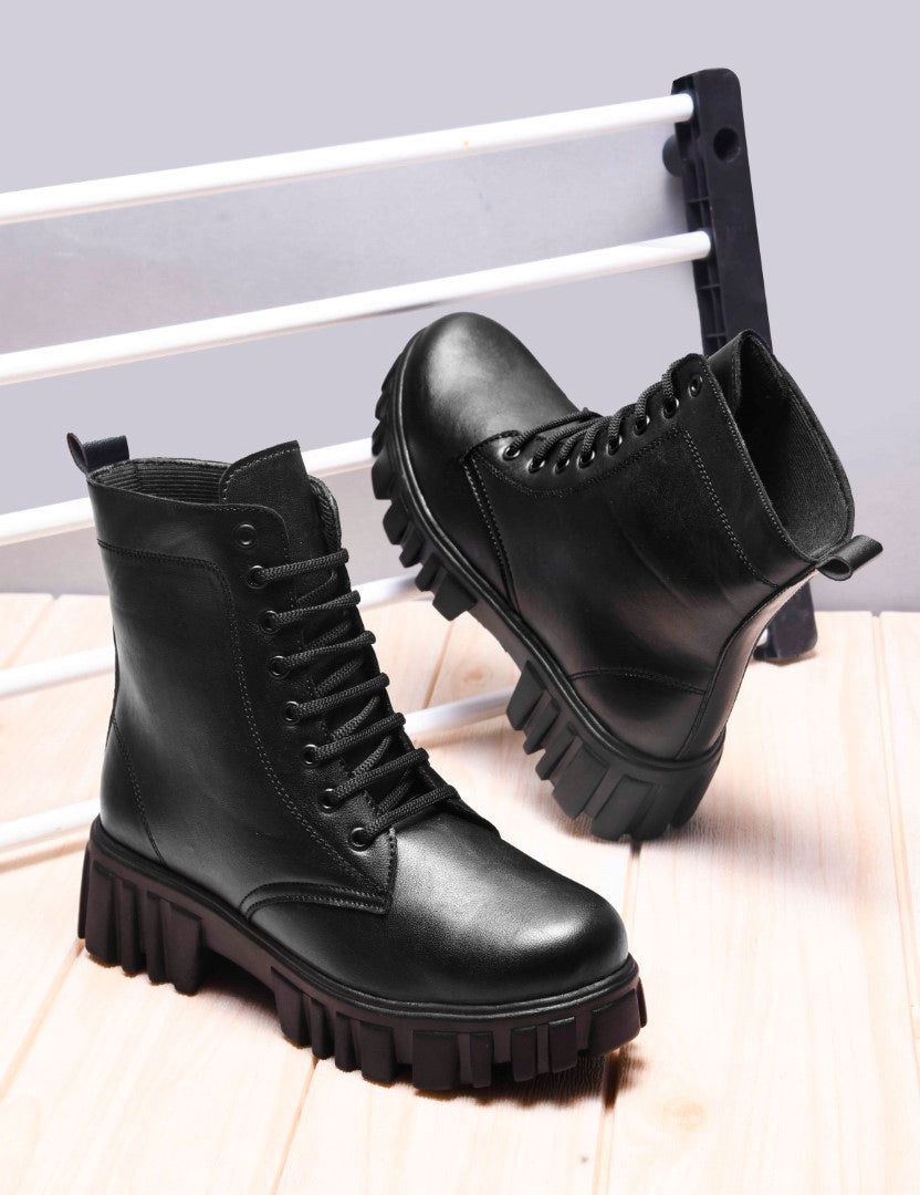 Jm Looks black lace-up combat boots with a heavy-duty lug sole
 Black