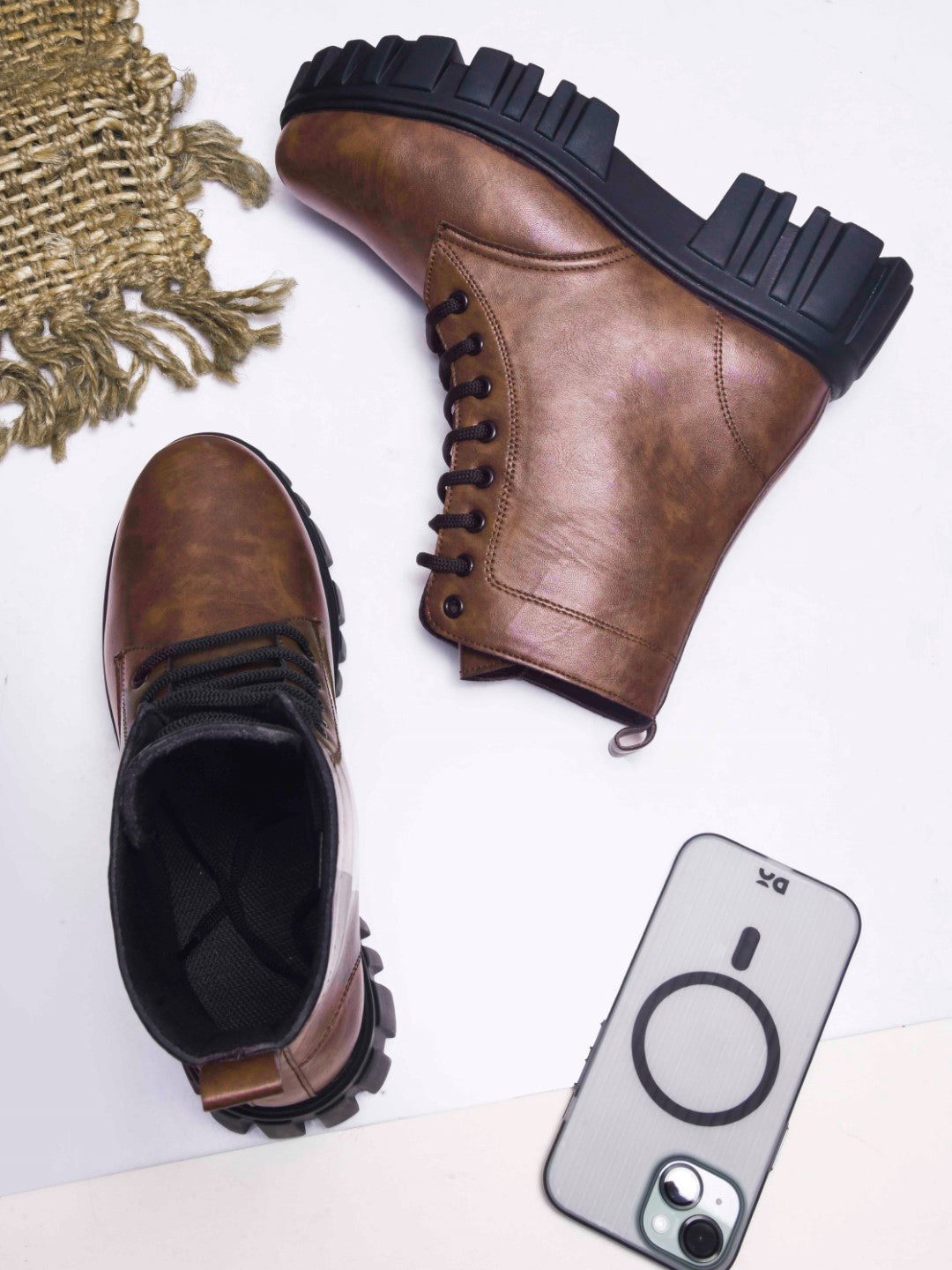 Jm Looks black lace-up combat boots with a heavy-duty lug sole
 Brown