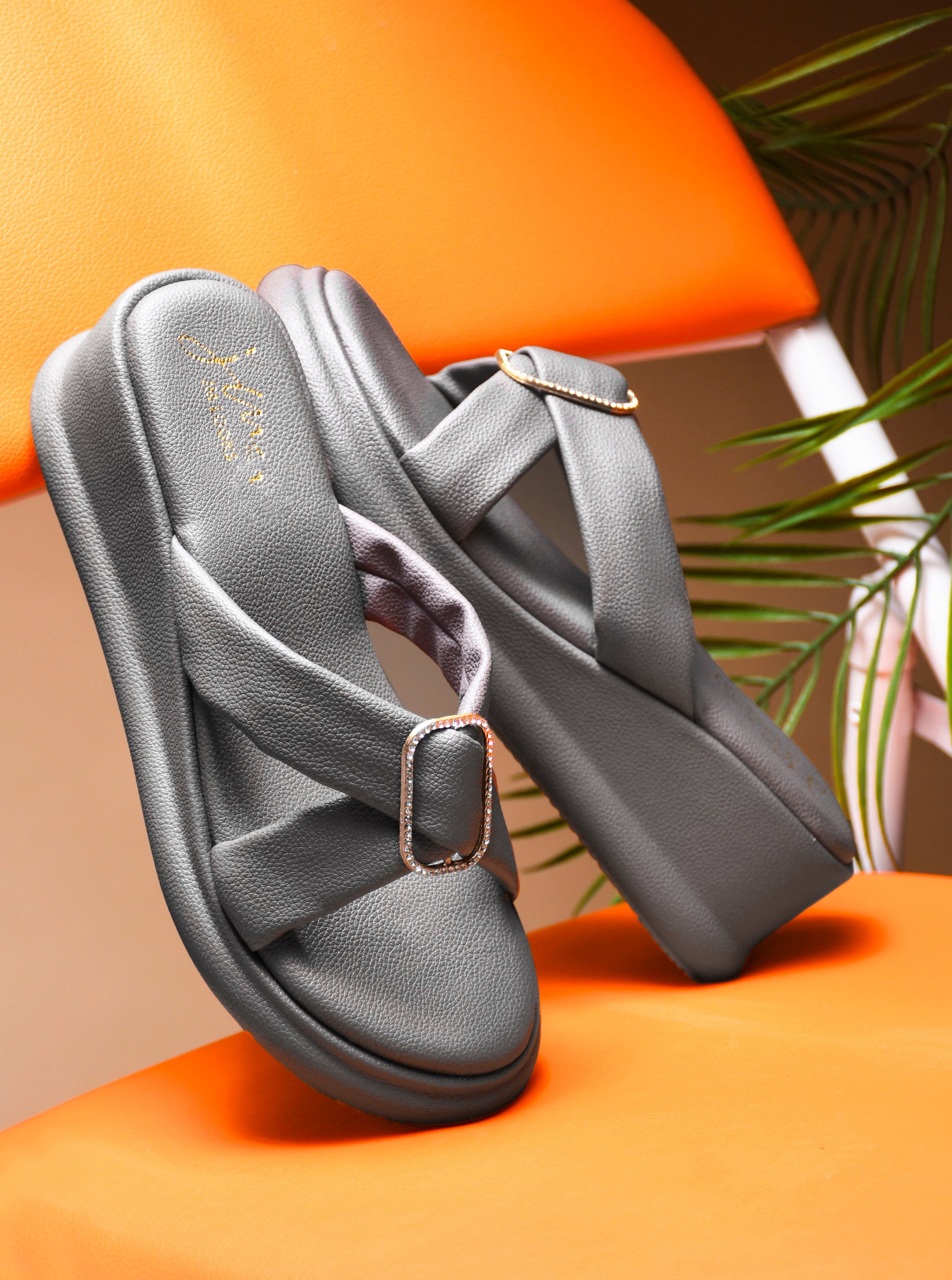 JM Looks platform wedge slides featuring wide criss-cross straps and an embellished rectangular buckle
 Grey