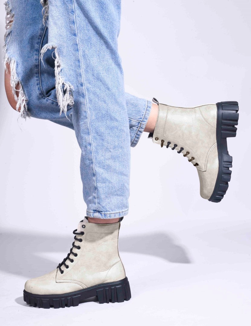 Jm Looks black lace-up combat boots with a heavy-duty lug sole
 Cream