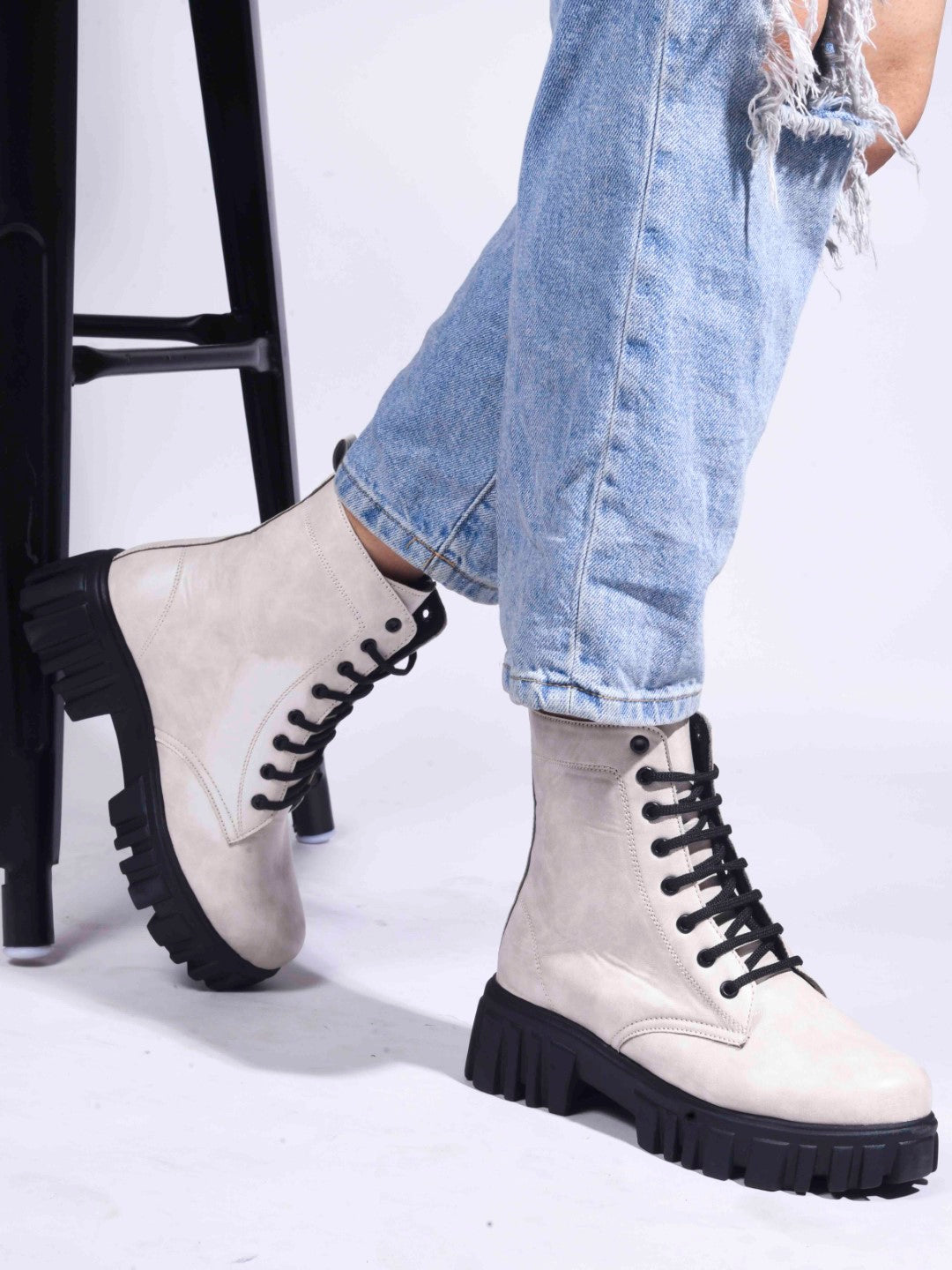 Jm Looks black lace-up combat boots with a heavy-duty lug sole
 Cream