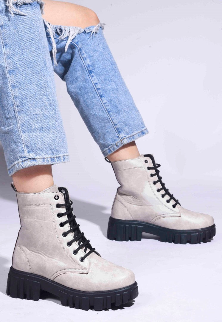 Jm Looks black lace-up combat boots with a heavy-duty lug sole
 Cream