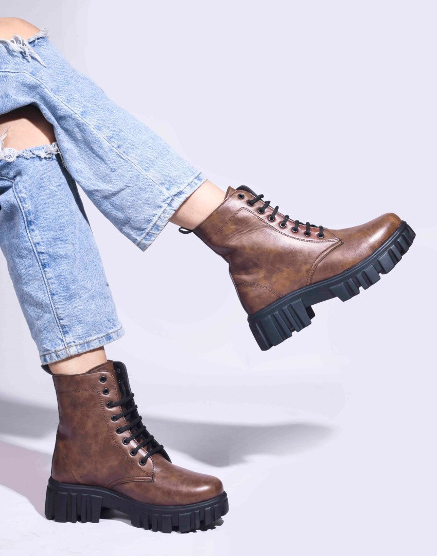 Jm Looks black lace-up combat boots with a heavy-duty lug sole
 Brown
