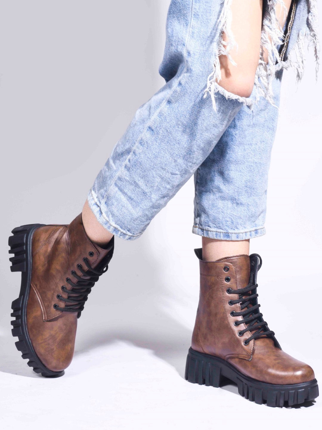 Jm Looks black lace-up combat boots with a heavy-duty lug sole
 Brown