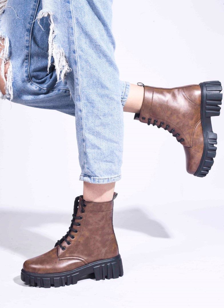 Jm Looks black lace-up combat boots with a heavy-duty lug sole
 Brown