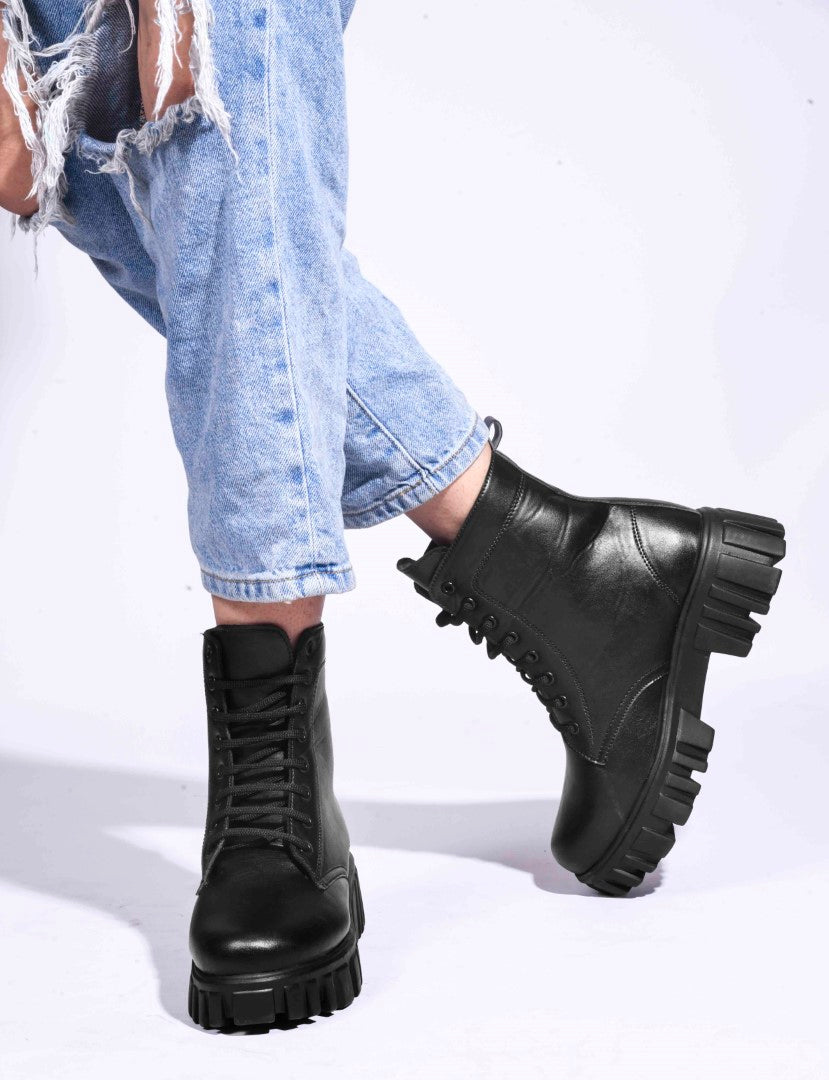 Jm Looks black lace-up combat boots with a heavy-duty lug sole
 Black