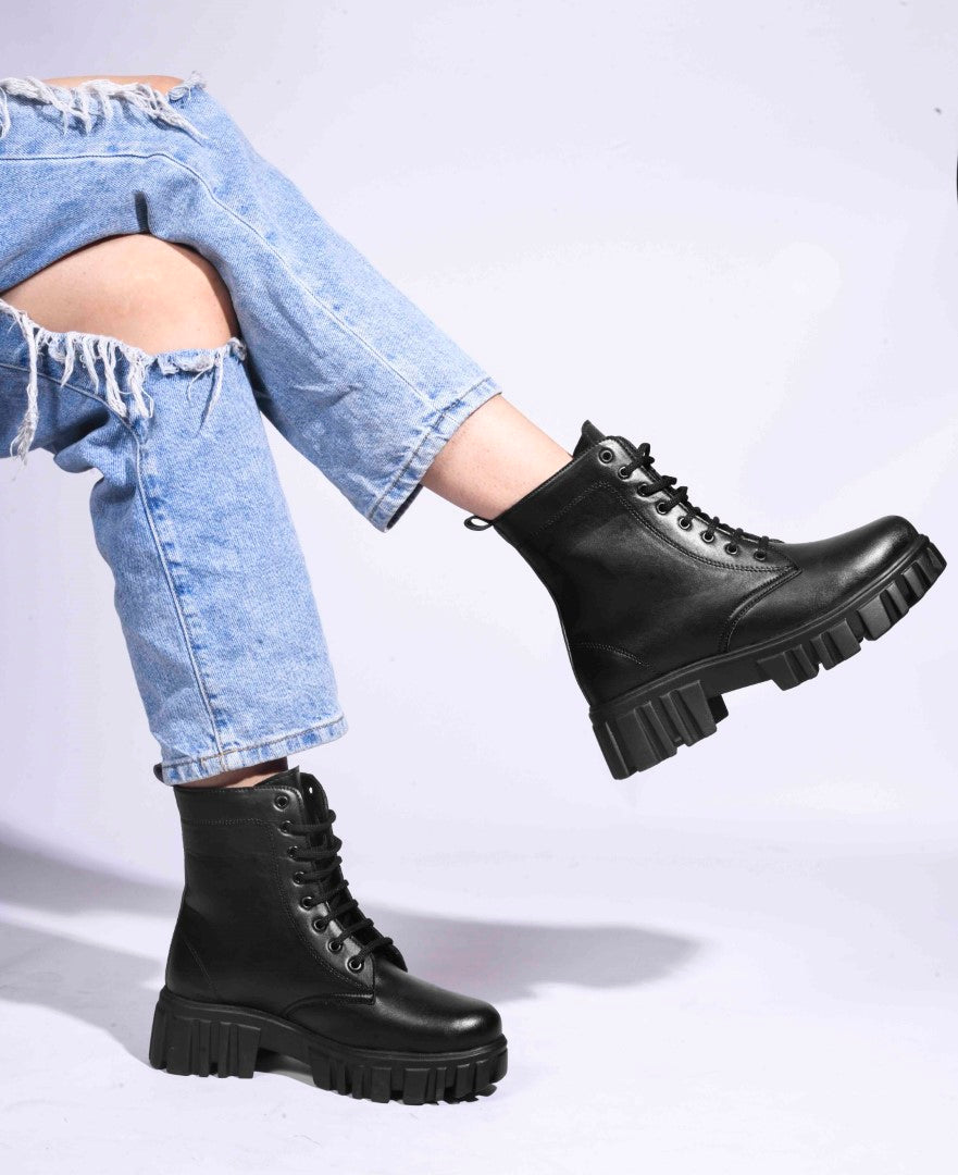 Jm Looks black lace-up combat boots with a heavy-duty lug sole
 Black