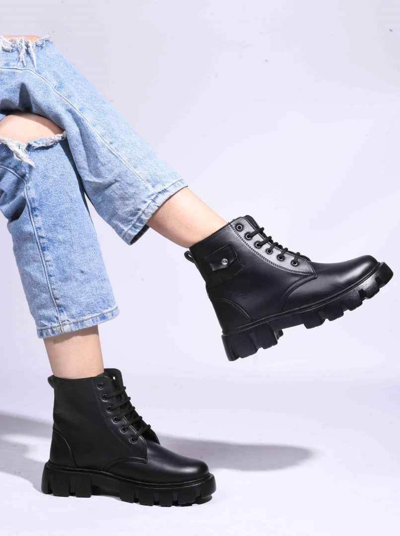 Jm Looks lace-up combat boots with a heavy-duty sole
 Black