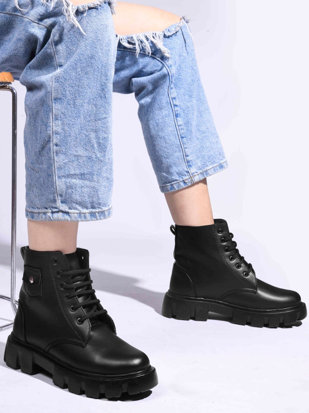 Jm Looks lace-up combat boots with a heavy-duty sole
 Black