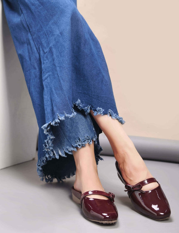 Women's cherry red patent slip-on mules with bow detail