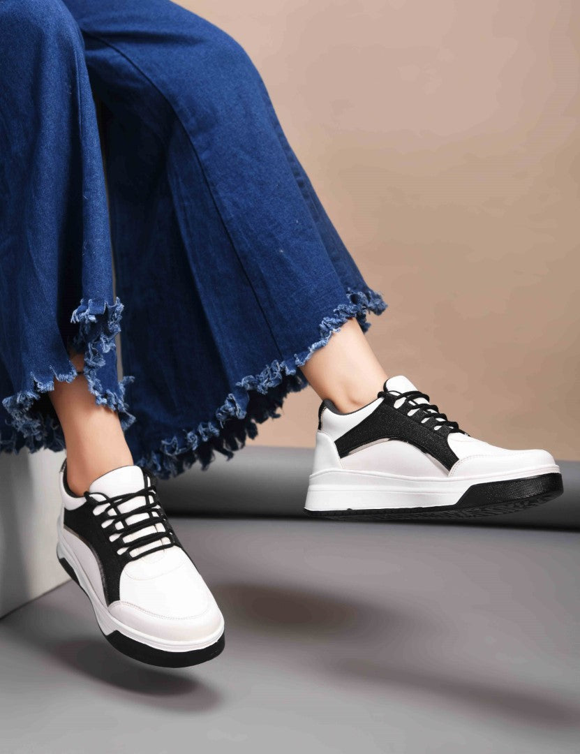 platform lace-up sneakers with a sparkly side panel and a chunky sole
 Black