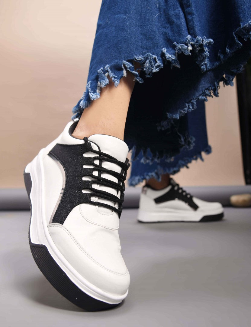 platform lace-up sneakers with a sparkly side panel and a chunky sole
 Black