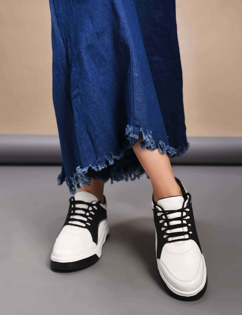platform lace-up sneakers with a sparkly side panel and a chunky sole
 Black