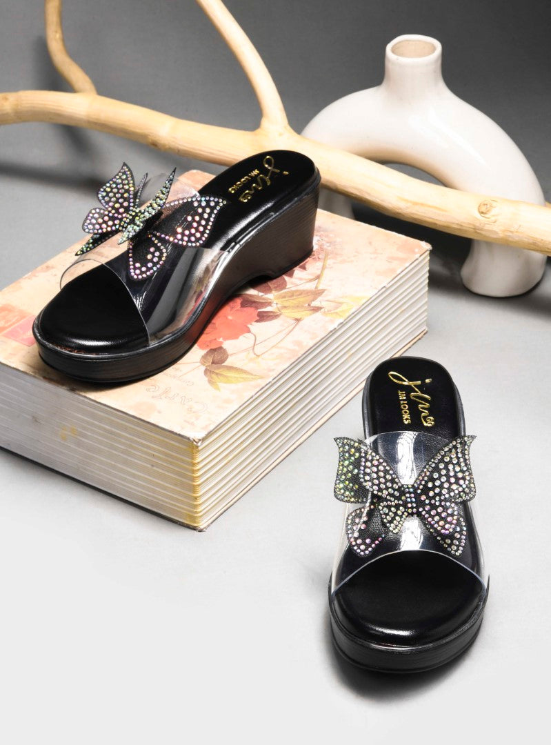 Platform slip-on sandals with butterfly detailing by Jm Looks for women and girls Black