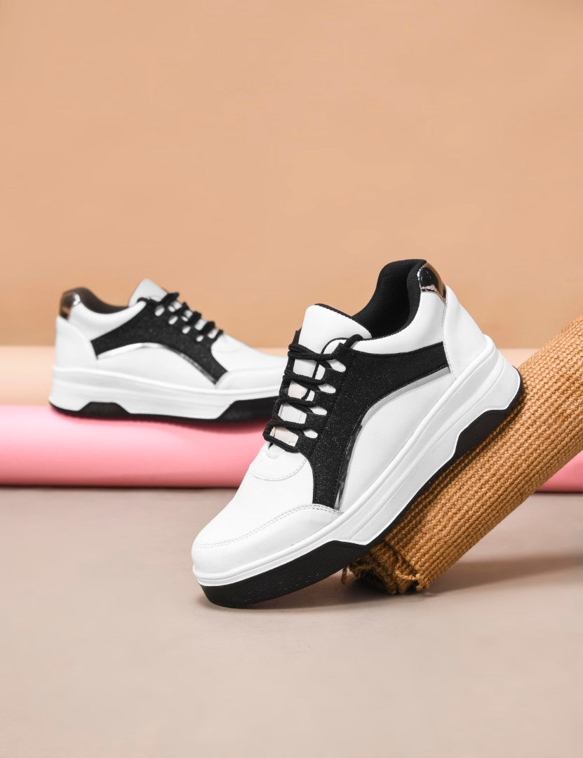 platform lace-up sneakers with a sparkly side panel and a chunky sole
 Black