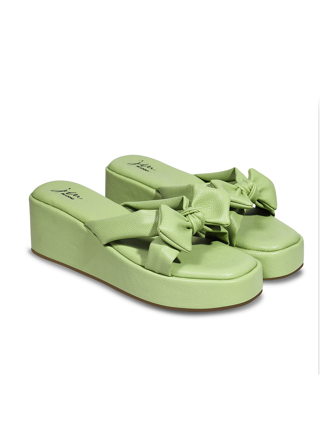 Jm Looks platform slides featuring a large, knotted bow on the strap
 Green