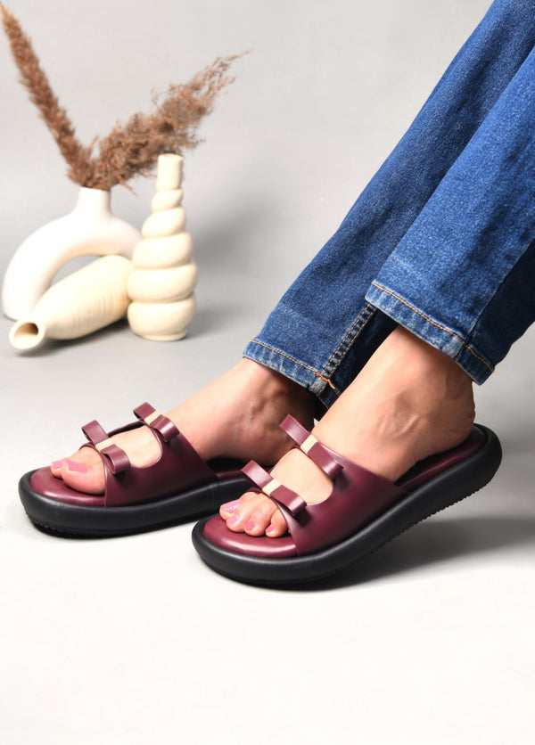 JM Looks slide sandals featuring multiple bow details on the wide straps and a flat sole
 Cherry