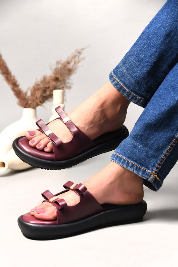 JM Looks slide sandals featuring multiple bow details on the wide straps and a flat sole
 Cherry