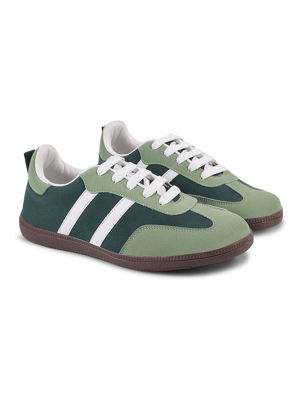 JM Looks Green suede lace-up sneakers with side stripes and gum sole for women