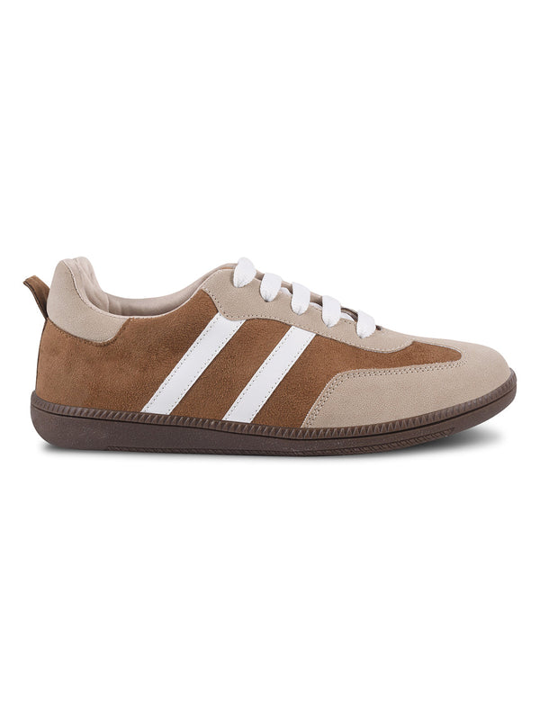 JM Looks Beige suede lace-up sneakers with side stripes and gum sole for women