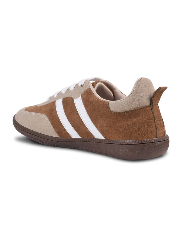JM Looks Beige suede lace-up sneakers with side stripes and gum sole for women