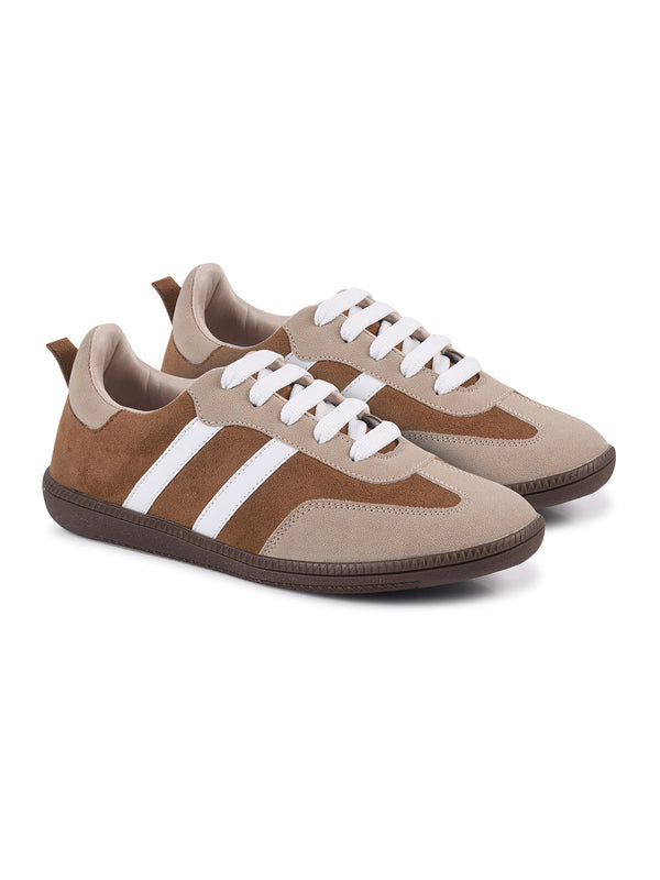 JM Looks Beige suede lace-up sneakers with side stripes and gum sole for women